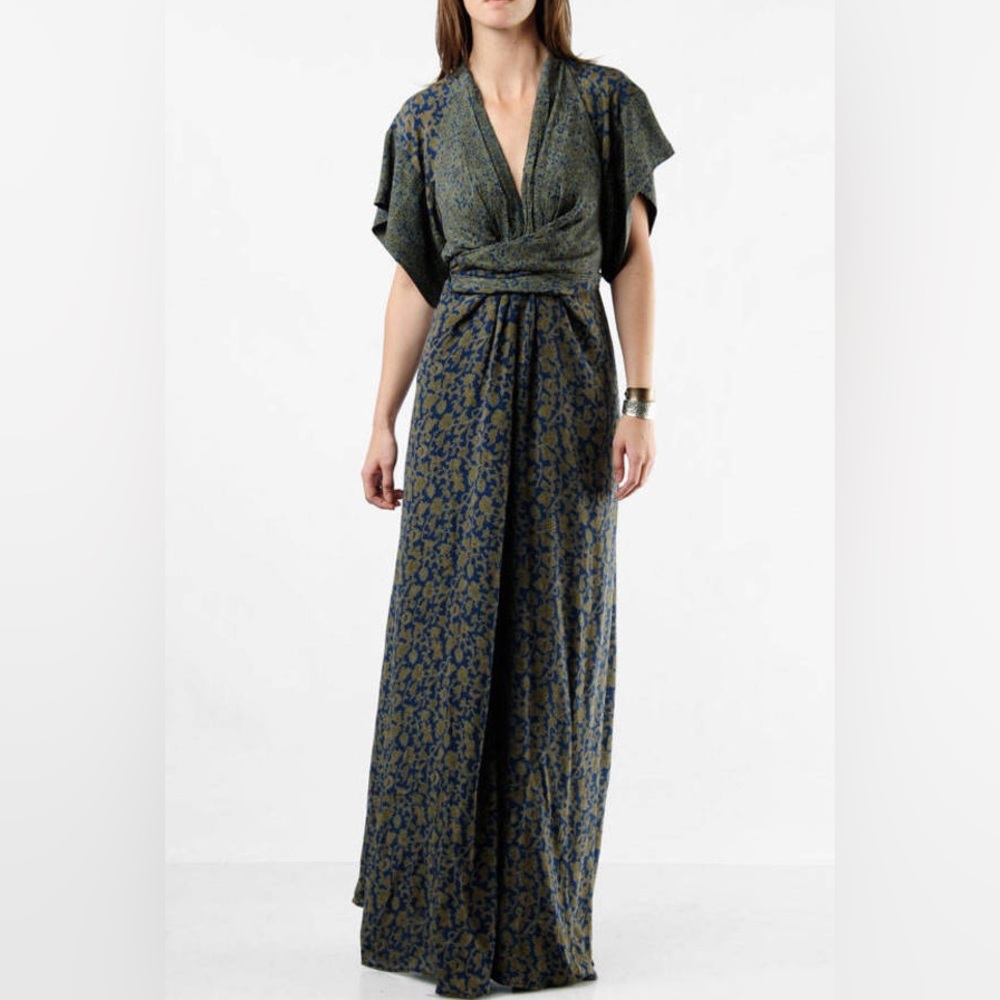 Winter Kate - Floor Length Kimono Maxi Dress - 100% Vintage Silk - Green Winter